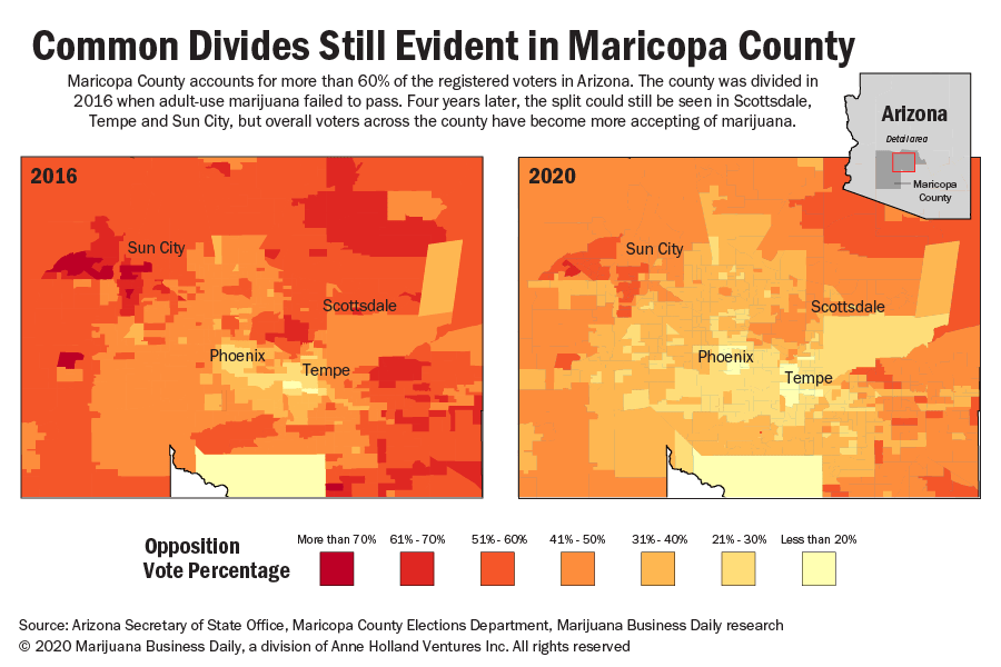 Map showing changing voter attitudes toward marijuana in Maricopa County, Arizona