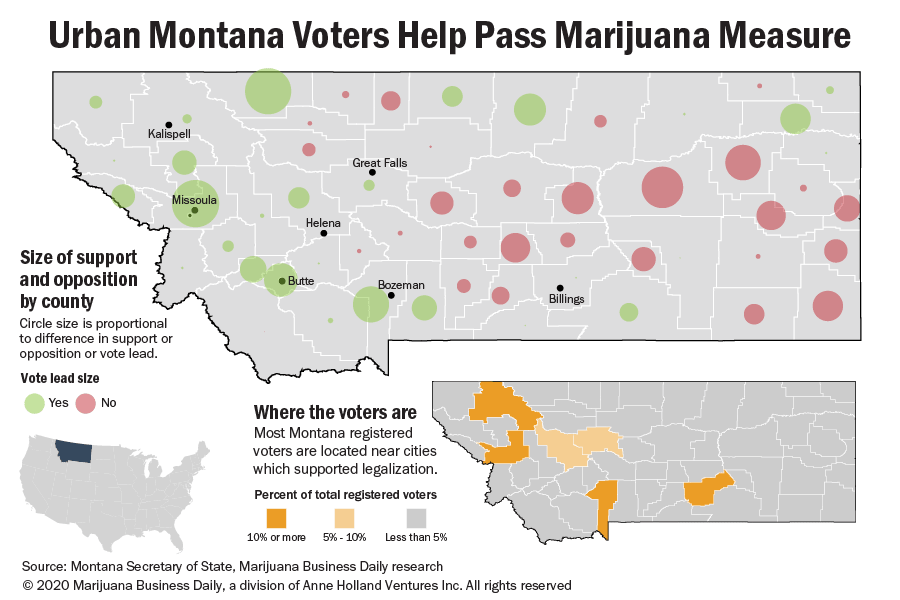 Map showing support and opposition for marijuana in Montana