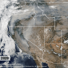 Satellite photo with map overlay showing smoke in Western US on Sept. 15, 2020