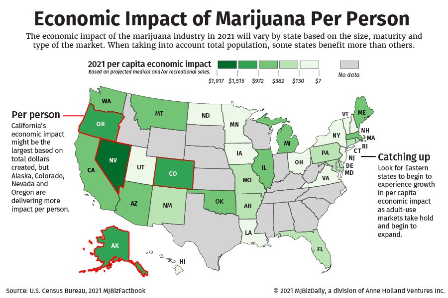 A map showing the per capita economic impact for U.S. States.