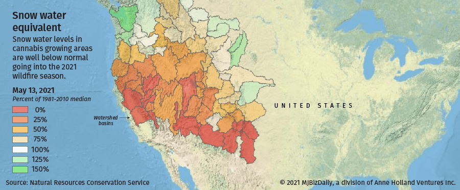 A map showing the lack of snow water going into this years wildfire season.