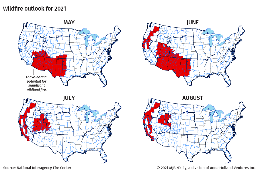 Maps showing the potential for significant wildfires that could cause concern for the cannabis industry in 2021