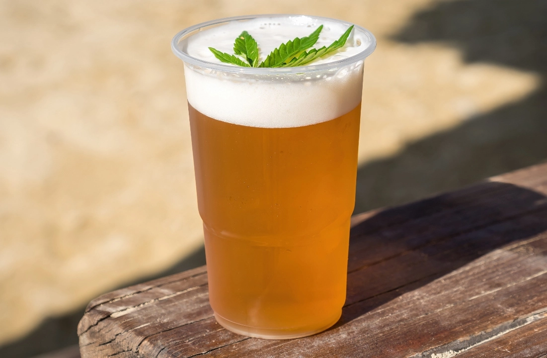 Image of a cup of beer with a cannabis leaf on top