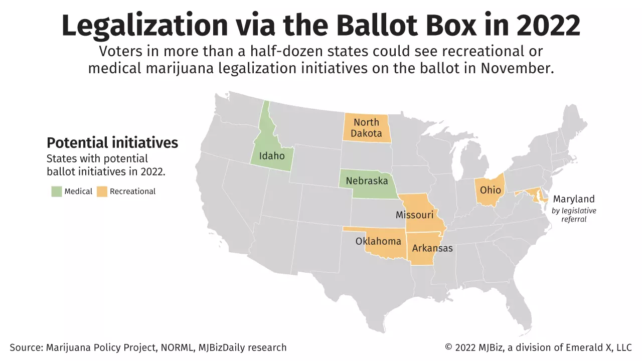 A map showing potential cannabis initiatives for 2022.