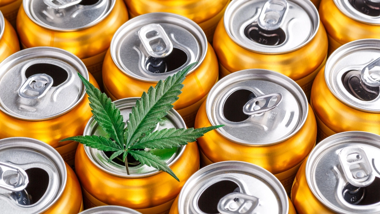 Image of a marijuana leaf atop beverage cans