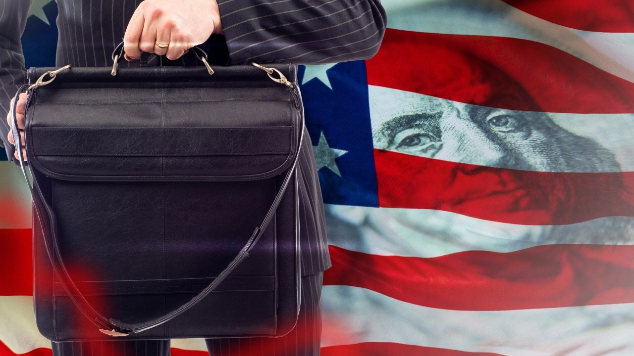 Image depicting a lobbyist standing in front of a U.S. flag emblazoned on money