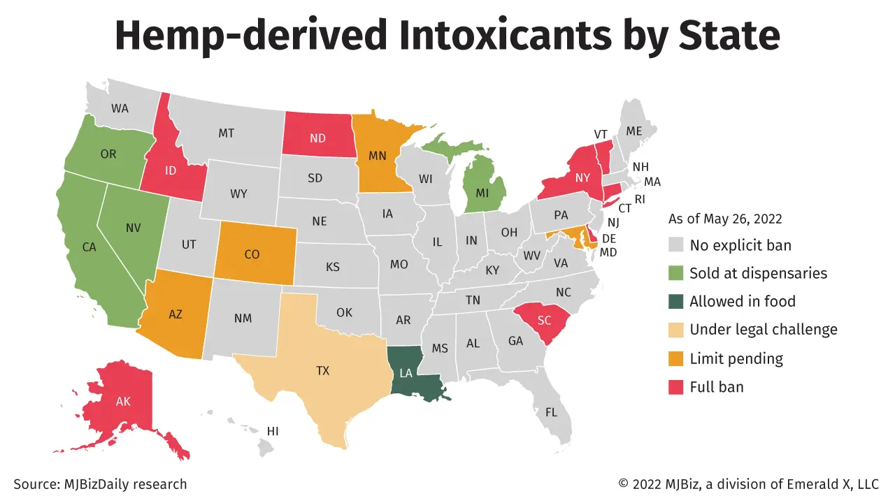 A map showing where hemp-derived intoxicants such as delta 8 are legal