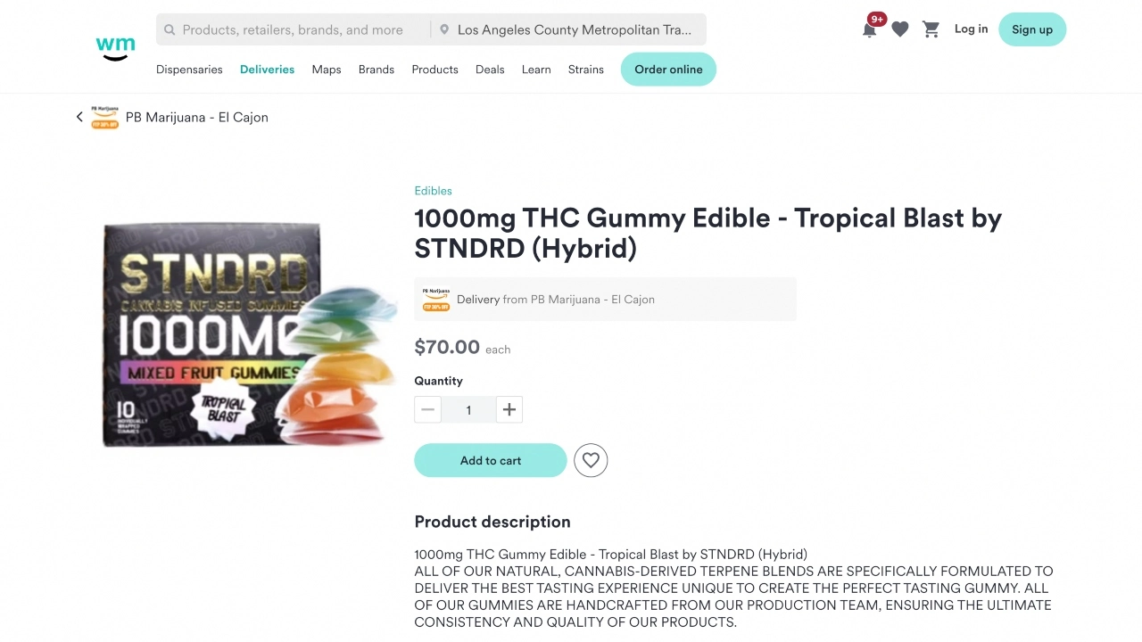 Image showing a Weedmaps posting for an illegal edibles product