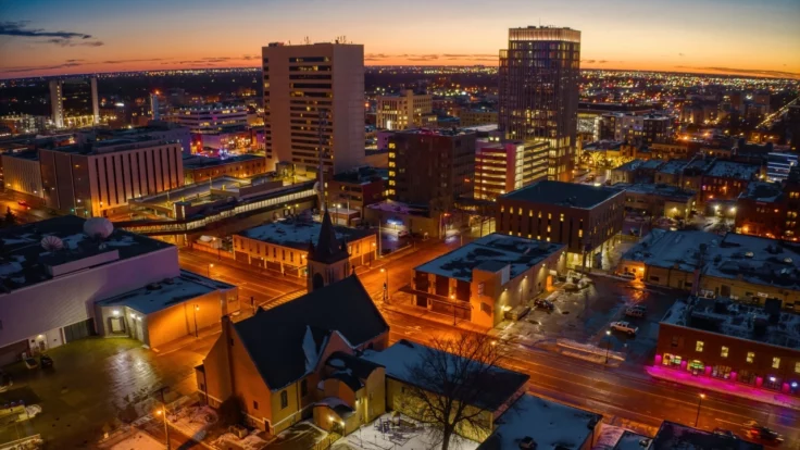 Image of downtown Fargo, North Dakota, skyline at dusk