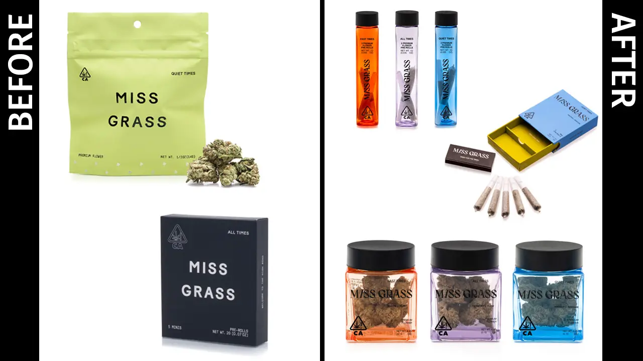 Image of new and old packaging for Miss Grass products