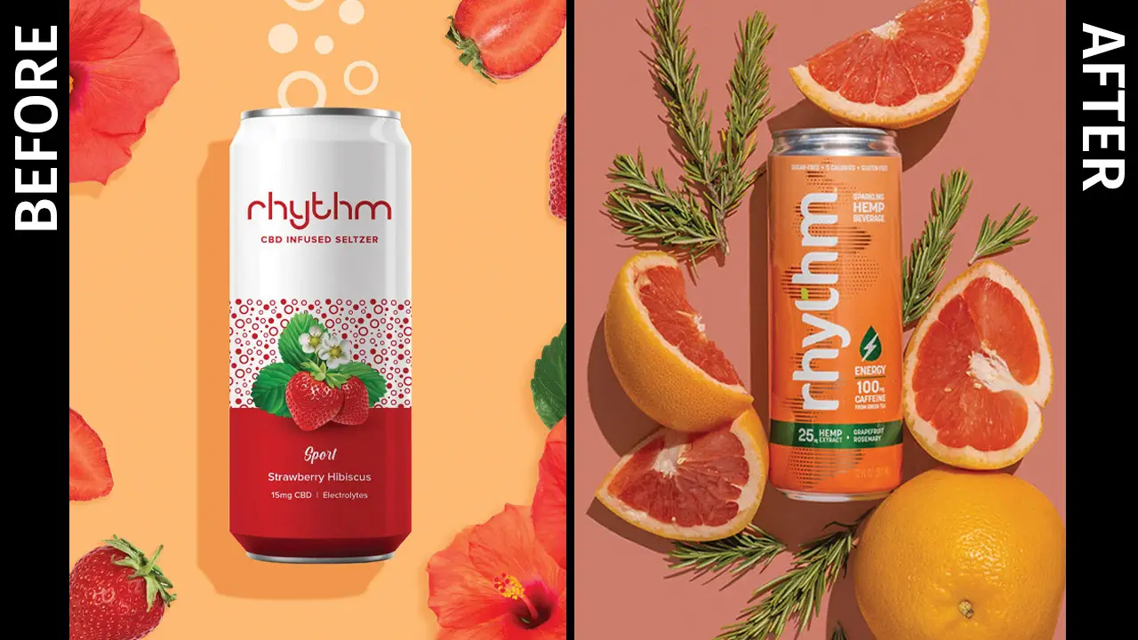 Image of new and old packaging for Rhythm CBD-infused packaging