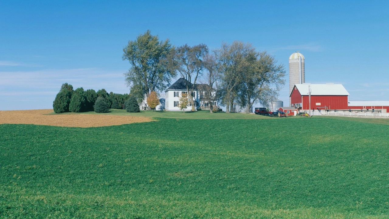 Image of rolling farm fields in Balltown, Iowa.