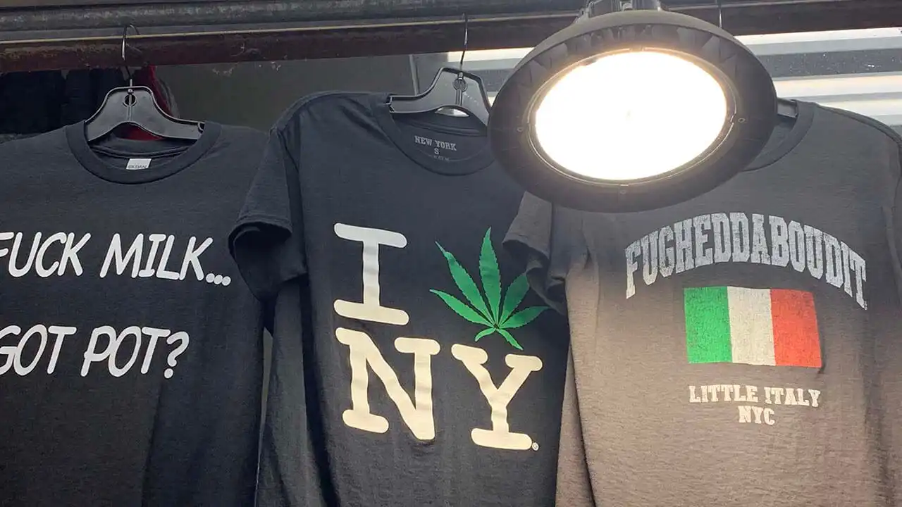 Shirts referencing the newly legal marijuana market in New York City.