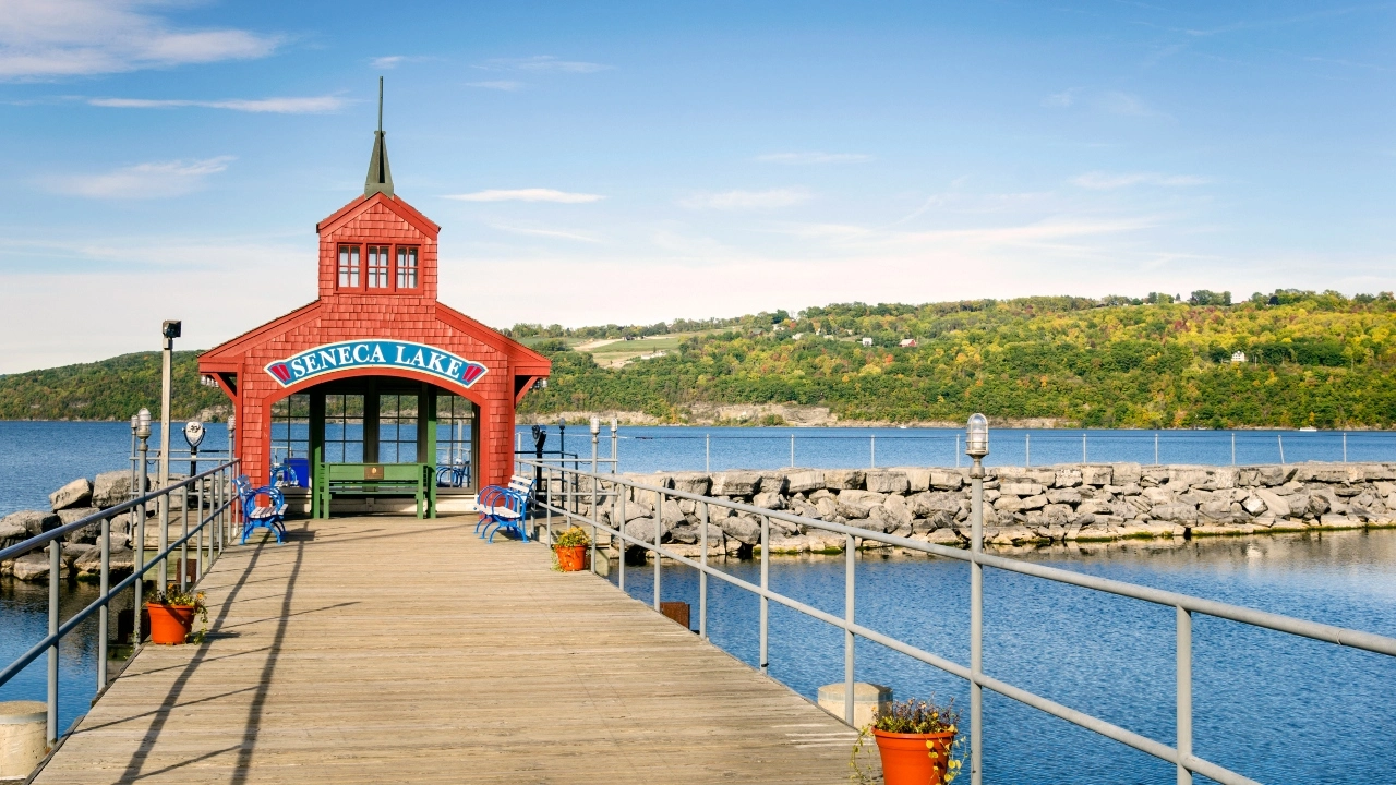 Image of a red shelter on a pier at Seneca Lake in New York's Finger Lakes region