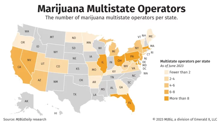 Map showing the number of marijuana multistate operators per state.