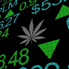 Image of a stock exchange board with a cannabis leaf in the middle