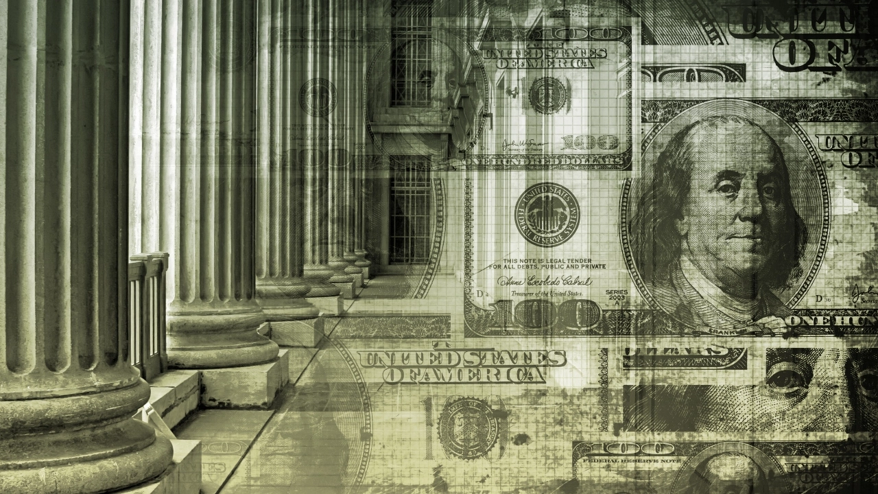 Image of historical-looking white columns blending into images of $100 bills