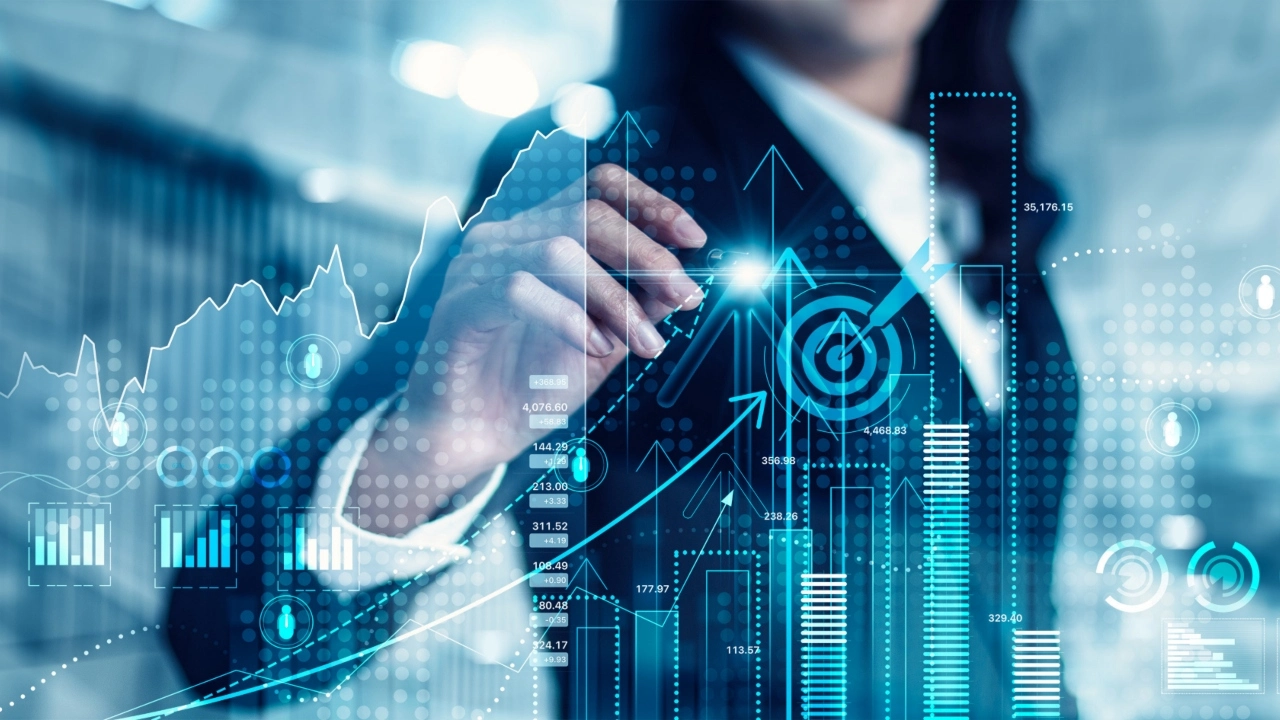Image of a businesswoman analyzing and calculating data for business strategies.