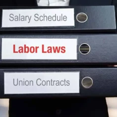 Image of office worker holding binders of information about labor and unions