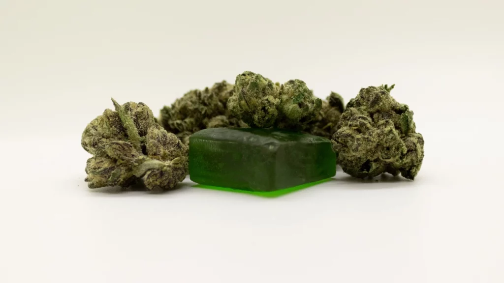 Image of a delta-8 gummy surrounded by hemp flower