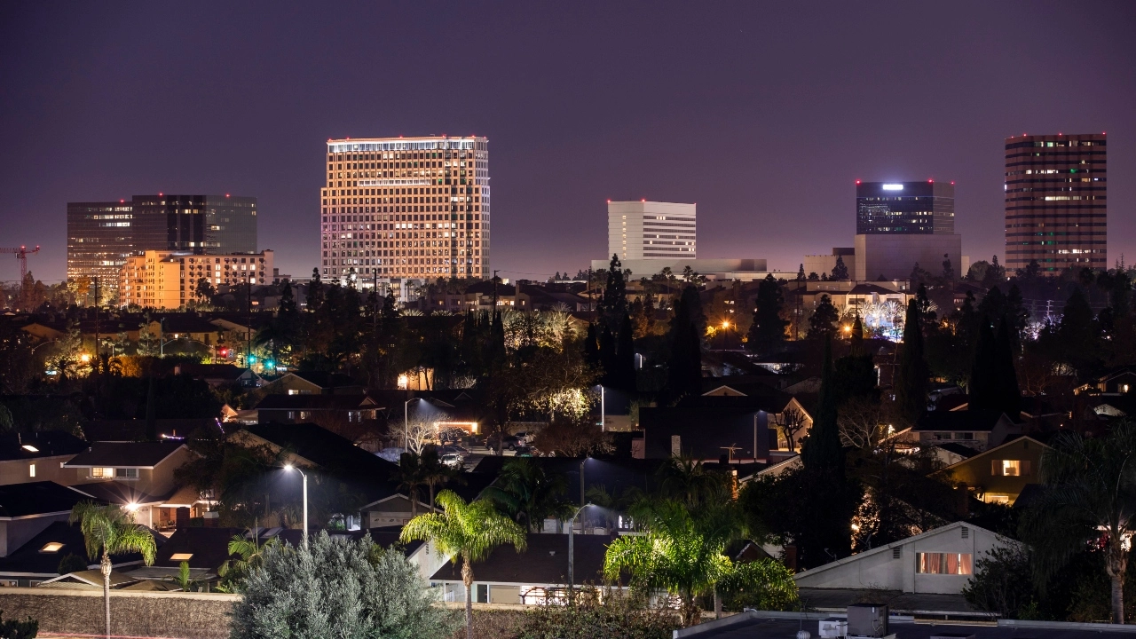 Image of downtown Costa Mesa, California, skyline at nighttime