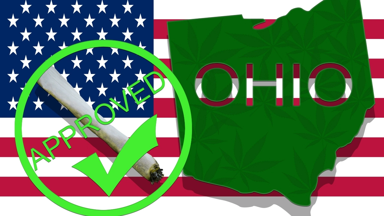 Image of a outline of the state of Ohio, next to the word "Approved" and a checkmark in a circle sitting atop a cannabis pre-roll with a U.S. flag background