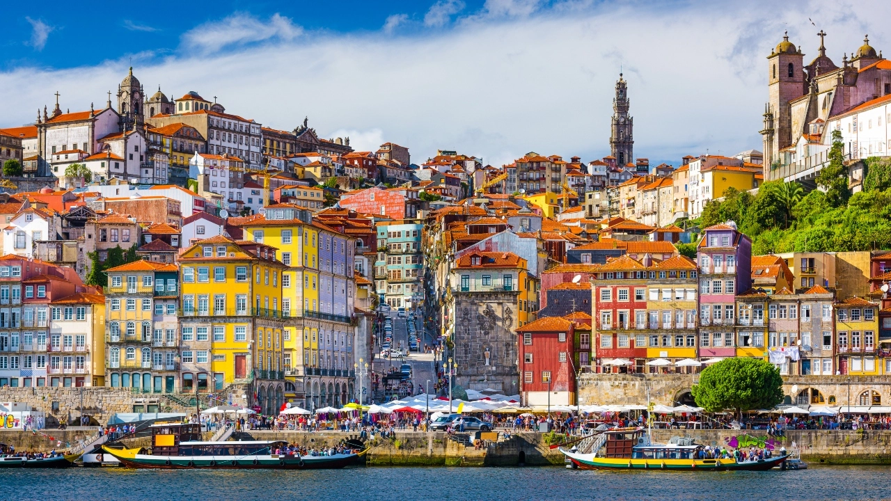 Image of Old City skyline on the Douro River in Porto, Portugal