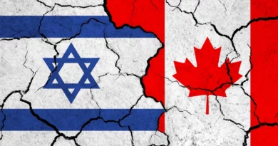 Image of Israel and Canada flags on a cracked surface.