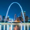 Image of the St. Louis skyline, including the Gateway Arch, at night