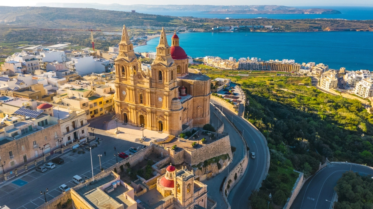 Aerial view of the Parish Church of the Nativity of the Virgin Mary in Mellieha, Malta