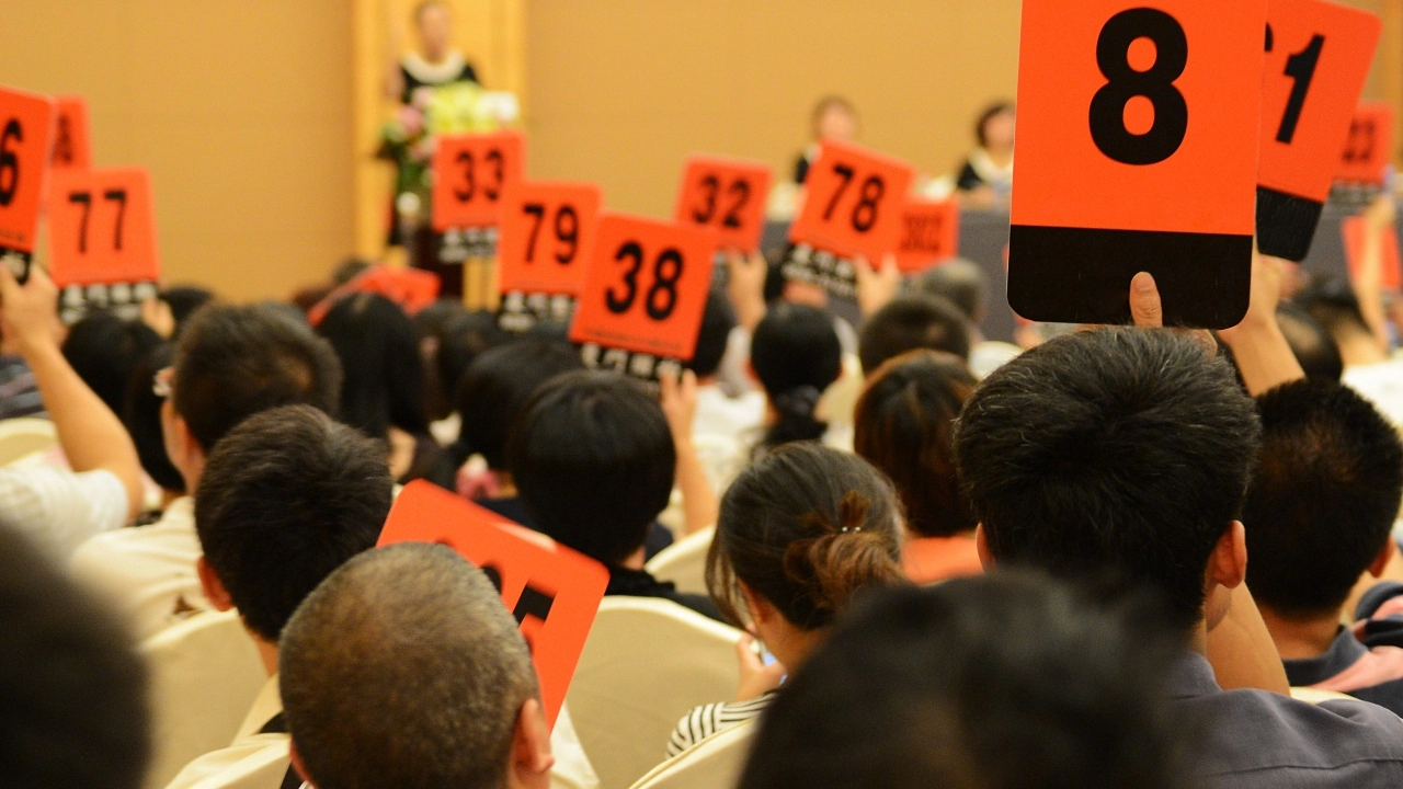 Image of people holding up bid paddles during an auction