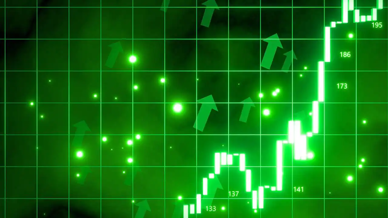 Illustration of a bullish stock market with green trading candles and up arrows and a vibrant glowing green background