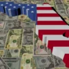 Image of the shape of Florida, containing a U.S. flag inside, sitting atop American currency