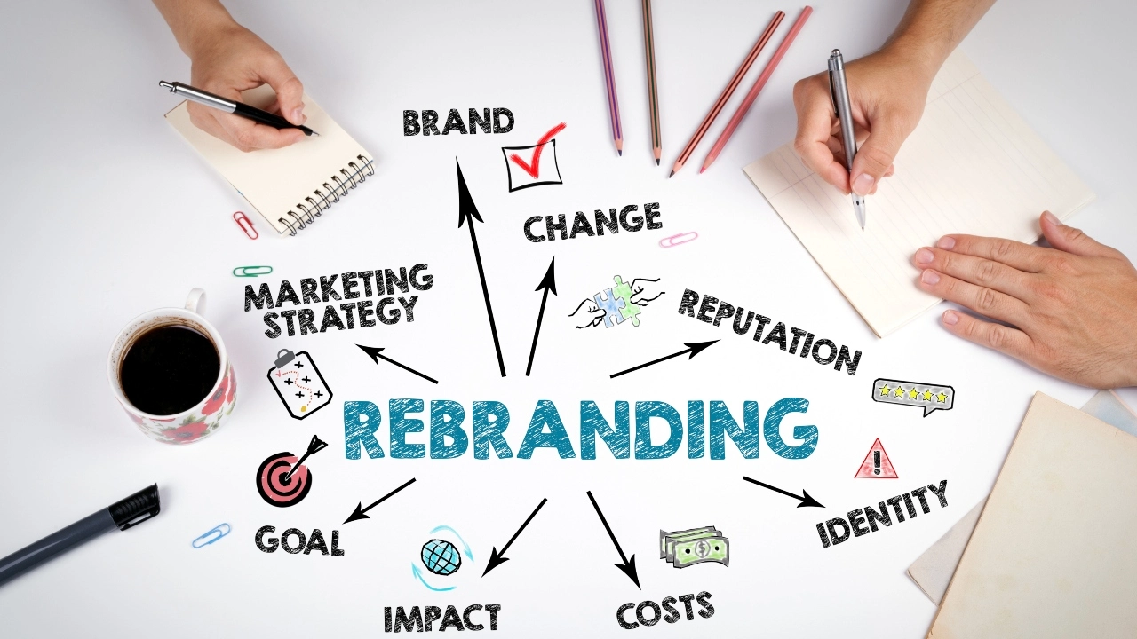 Image of a white office table with "Rebranding" written in the center while surround the words "Brand," "Change," "Reputation," "Identity," "Costs," "Impact," "Goal" and "Marketing Strategy."