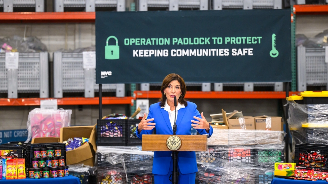 Image of New York Gov. Kathy Hochul in front of seized illegal cannabis products