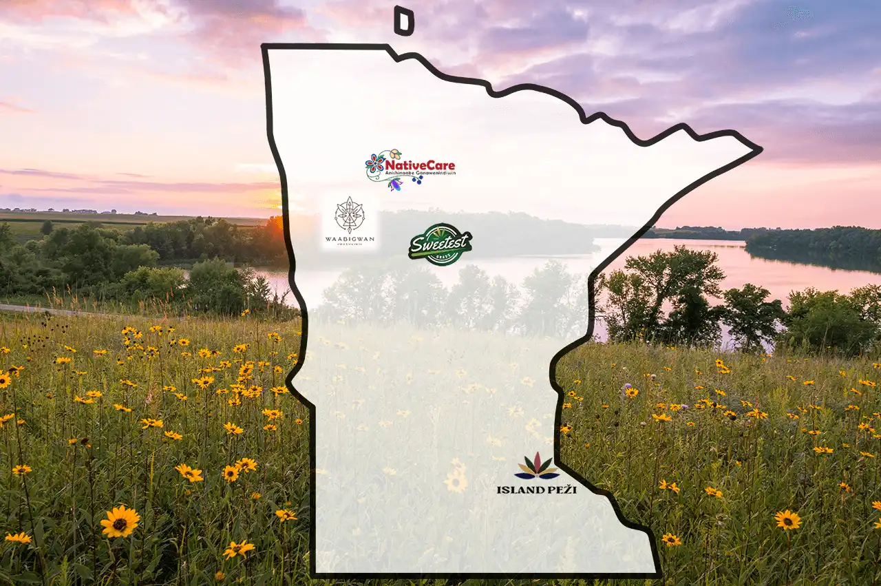 Image of locations of four tribally owned recreational marijuana stores in Minnesota.