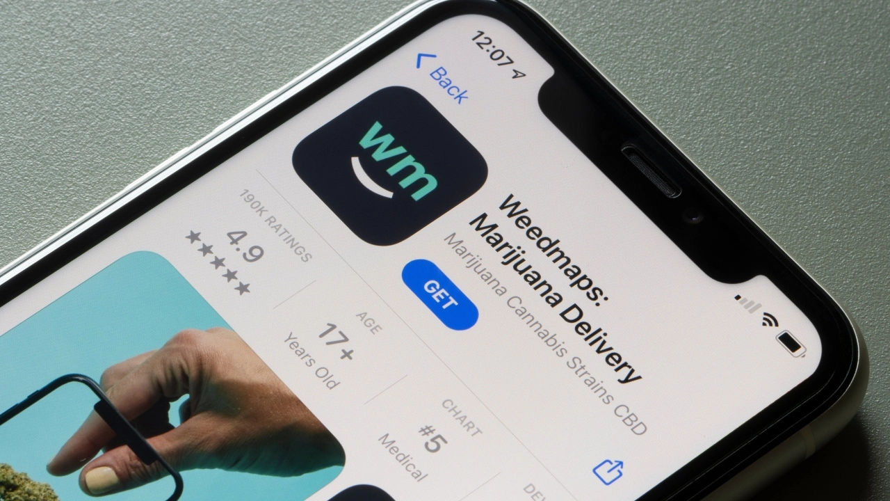 Image of Weedmaps' marijuana delivery app on an iPhone