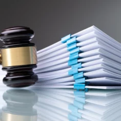 Image of a stack of court filings sitting next to a judge's gavel