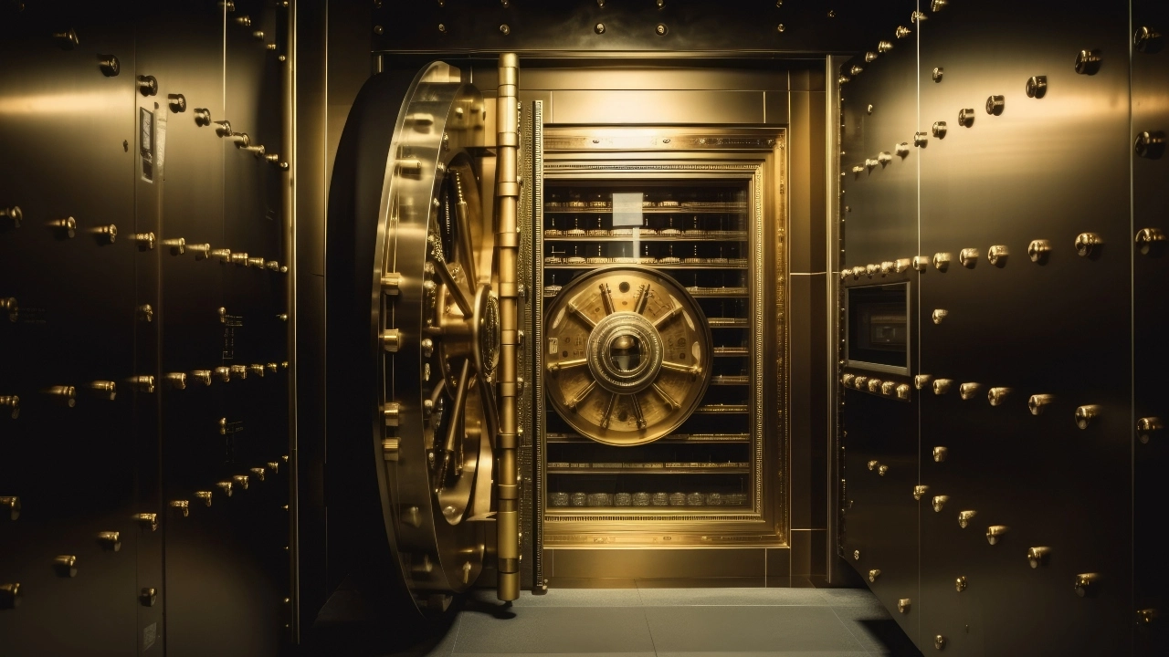 Image of a gold bank vault seen through an open door