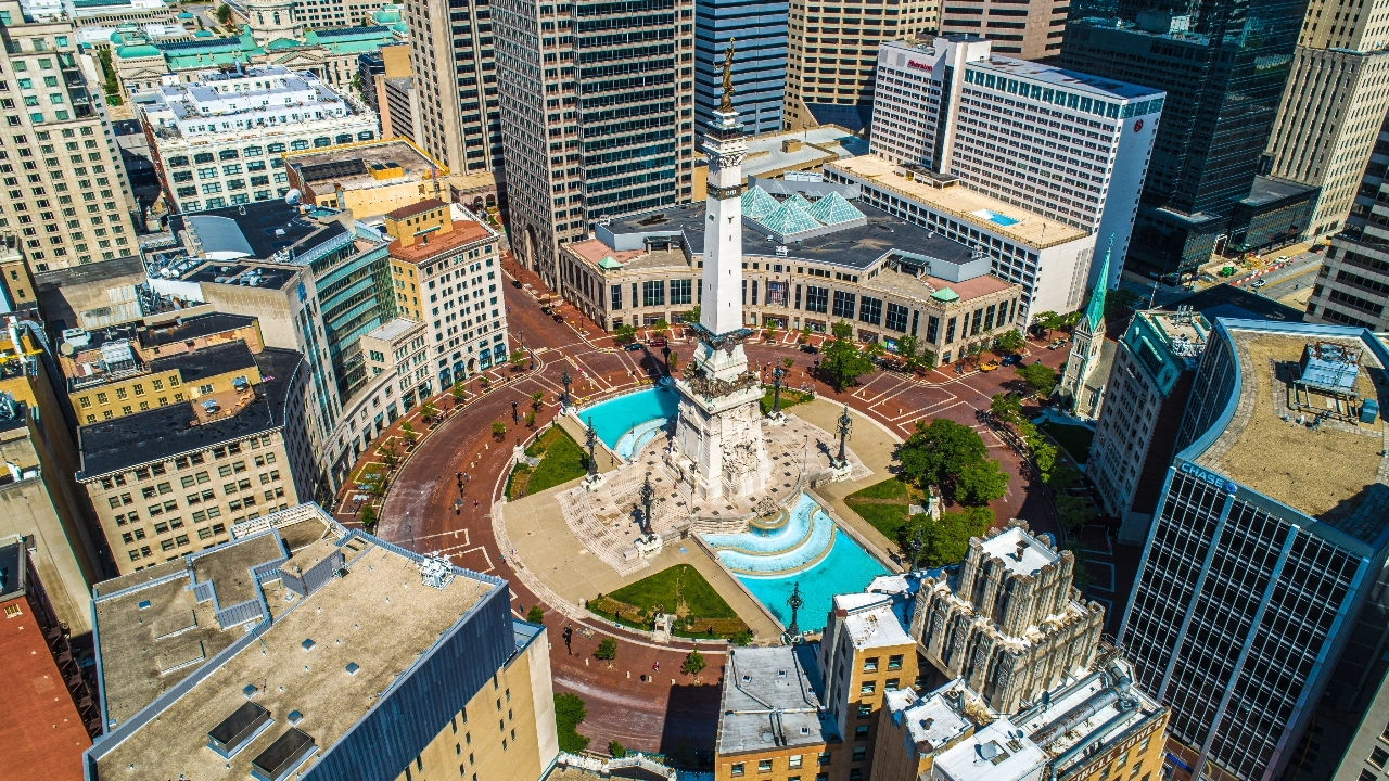 Aerial image of the Monument Circle in downtown Indianapolis