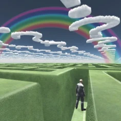 Illustration of a businessman in a green-walled maze under a sky of question marks with a rainbow at the other size