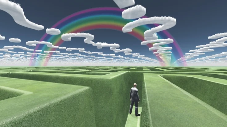 Illustration of a businessman in a green-walled maze under a sky of question marks with a rainbow at the other size