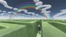 Illustration of a businessman in a green-walled maze under a sky of question marks with a rainbow at the other size