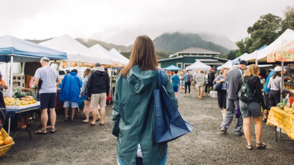 Image of customers walking between rows of a farmers market